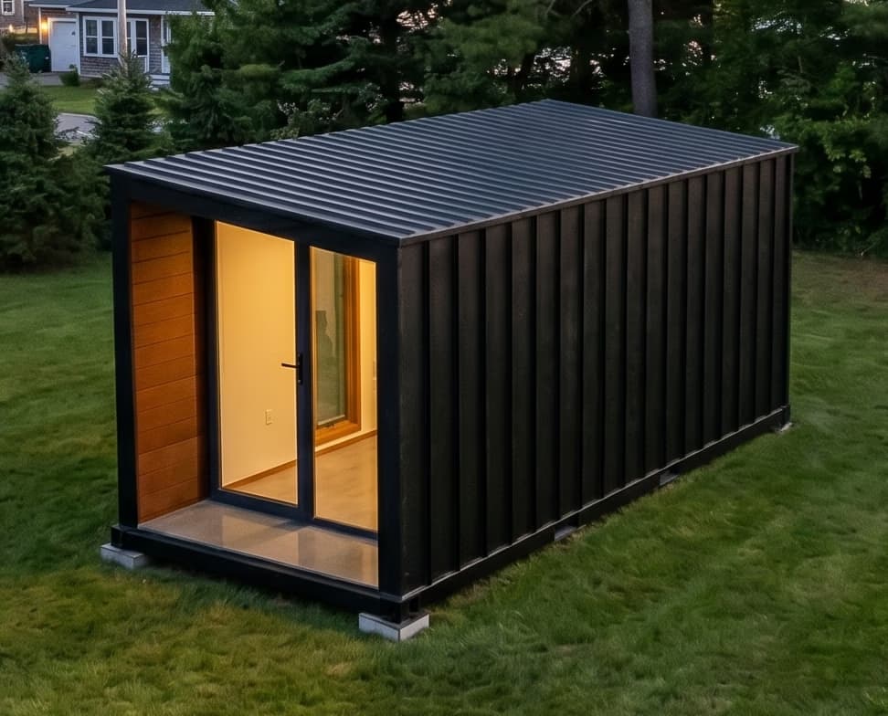 Maine backyard studio build with black exterior cladding and large glass entry